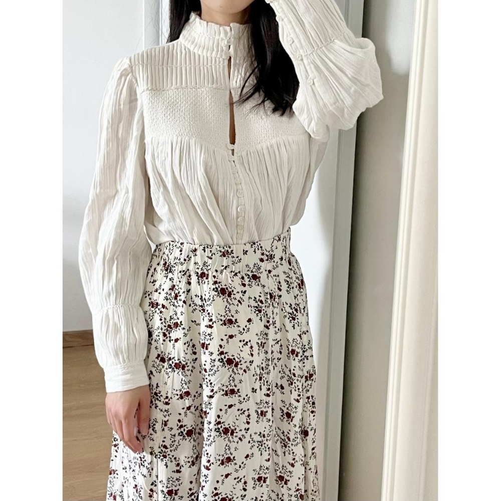 BA&SH Kawai Ecru shirred cotton-gauze peasant boho long sleeve blouse xsmall